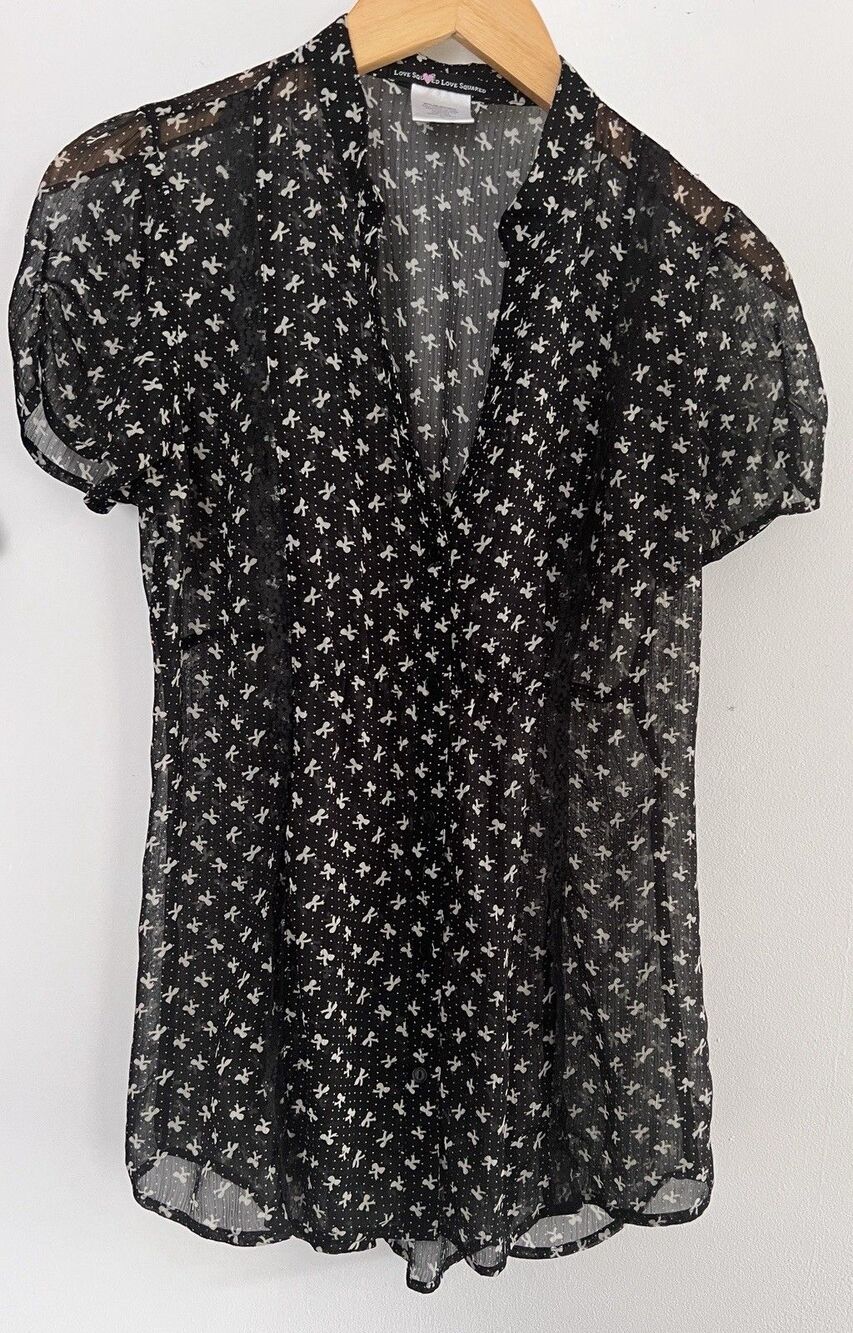 Women’s Love Squared M Blouse Button Up Sheer Bows Black White